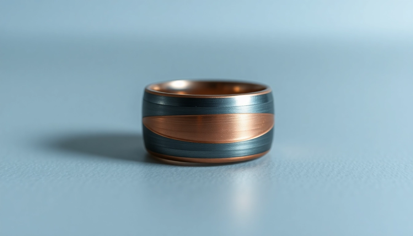Visit https://ax88c.com/ to see a detailed close-up of a titanium and copper wedding ring showcasing modern craftsmanship and stylish design, perfect for unique jewelry enthusiasts.