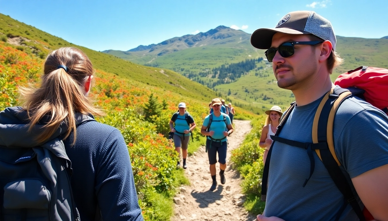Guided hike with an expert guide leading a scenic trail through lush mountains for adventure seekers and nature lovers.