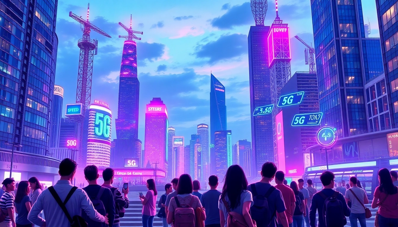 香港城市天際線，配備5G天線與塔樓的摩天大樓，夜晚霓虹燈光閃爍，展示高速5G網絡應用於都市生活，背景有數位數據流和虛擬圖示，充滿未來科技感的城市景象。