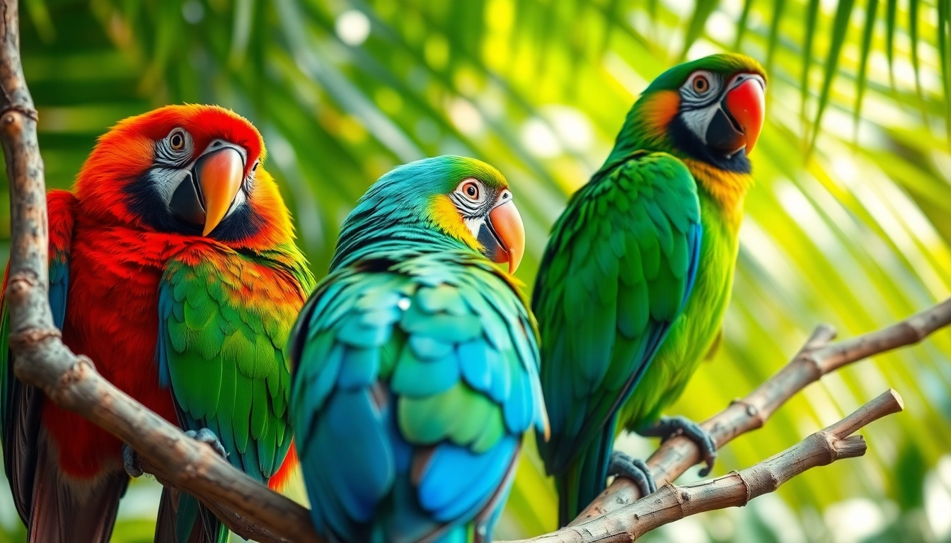 Colorful parrots in flight showcasing their vivid feathers, engaging in natural tropical habitat behavior, highly detailed and lively for bird enthusiasts.