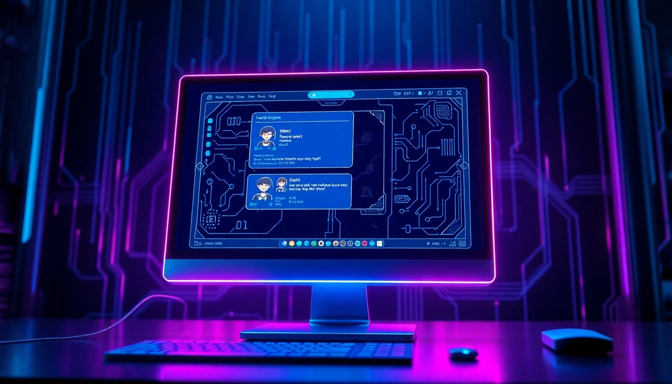 Futuristic AI chat interface on a computer screen with expressive avatars and glowing data streams in a sleek tech environment.
