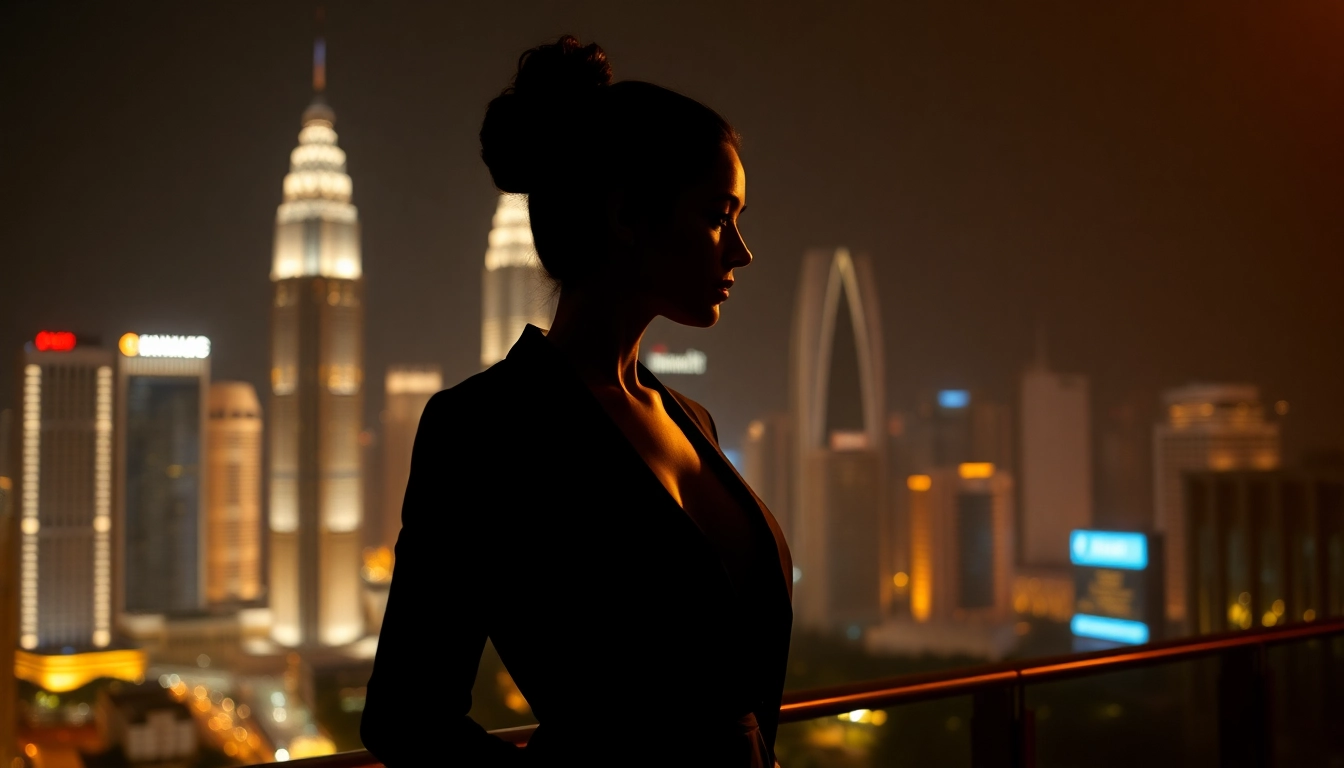 Professional KL ESCORT service visual featuring a classy escort in elegant attire against Kuala Lumpur skyline, highlighting sophistication and discreet companionship for an unforgettable night.
