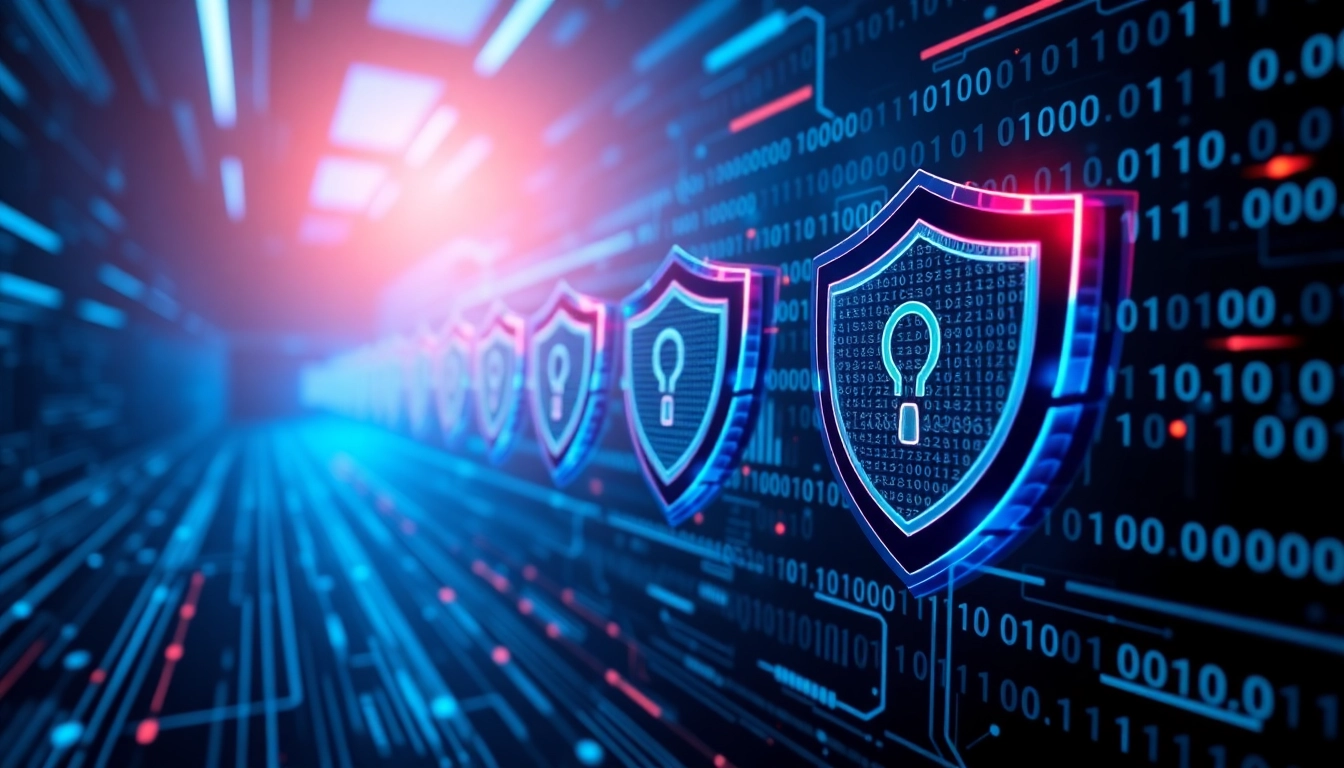 Visually represent cybersecurity threats related to https://sys32win.com/ with a digital shield blocking malicious code, highlighting malware defense mechanisms.