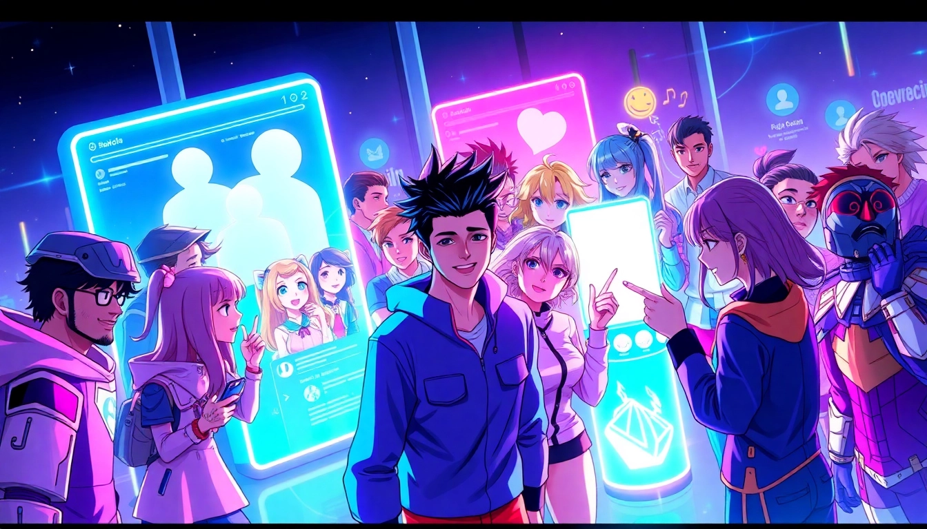 A colorful scene of animated characters from different fandoms interacting on a futuristic social media platform with neon lighting and holographic elements.