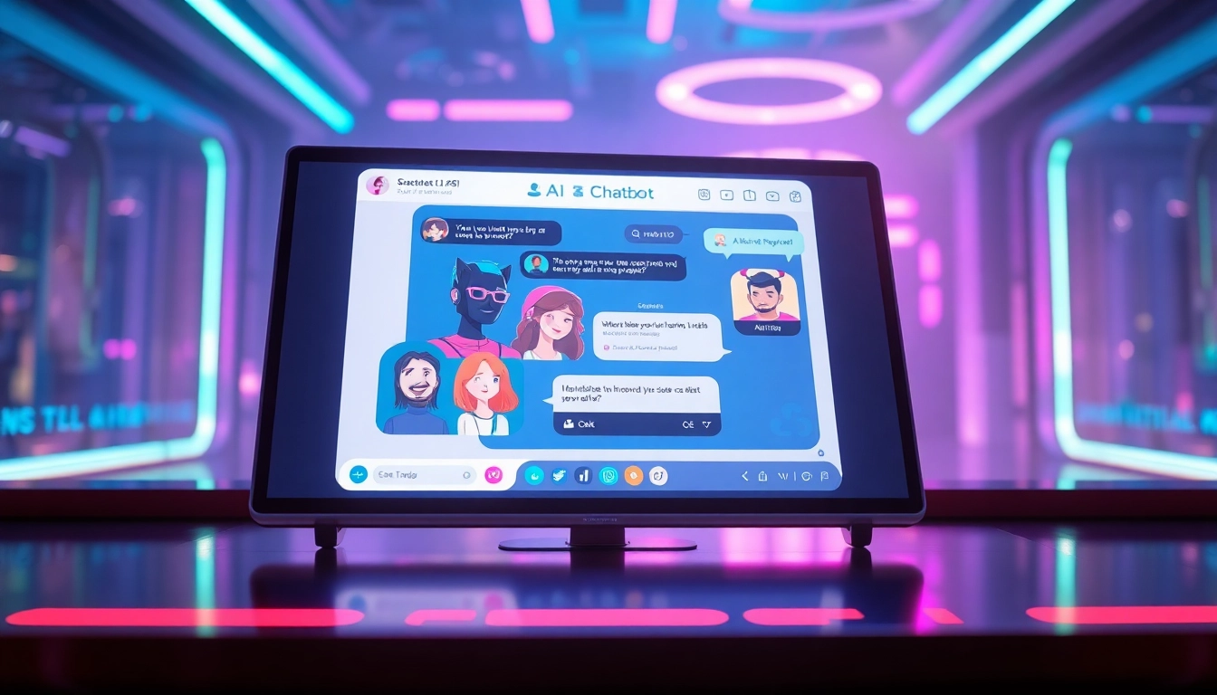 Futuristic AI chat interface with colorful avatars and glowing environment, emphasizing immersive adult AI interactions.