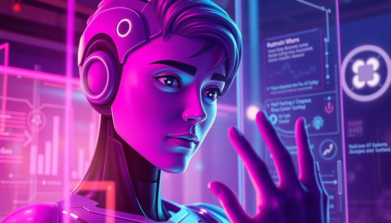 Futuristic AI interface with a virtual character engaging in immersive NSFW storytelling with vibrant neon colors and detailed textures.