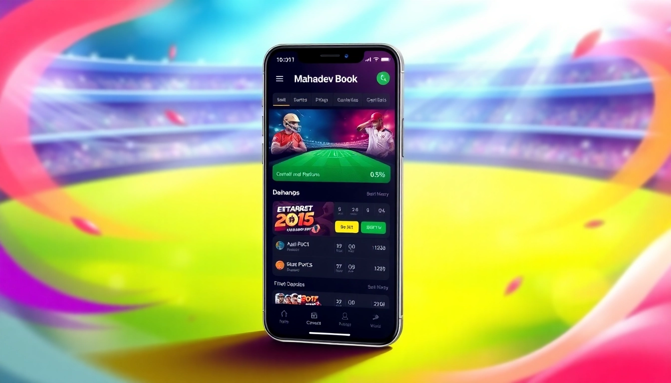 Mahadev Book logo on a smartphone screen showing live sports betting interface with vibrant graphics and betting odds, illustrating digital betting in India.