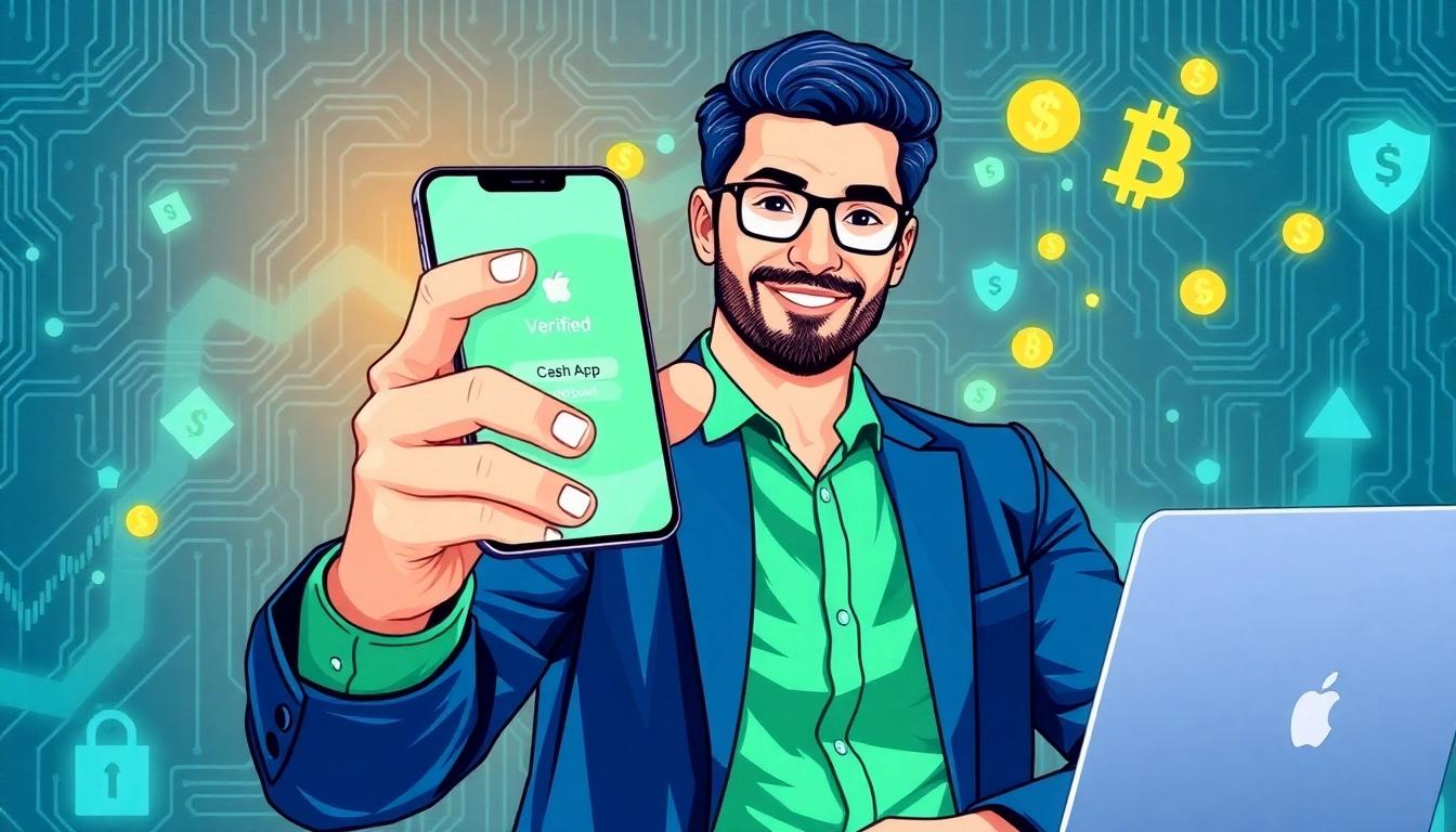 A confident entrepreneur holding a smartphone displaying a verified Cash App account, with a modern workspace background.