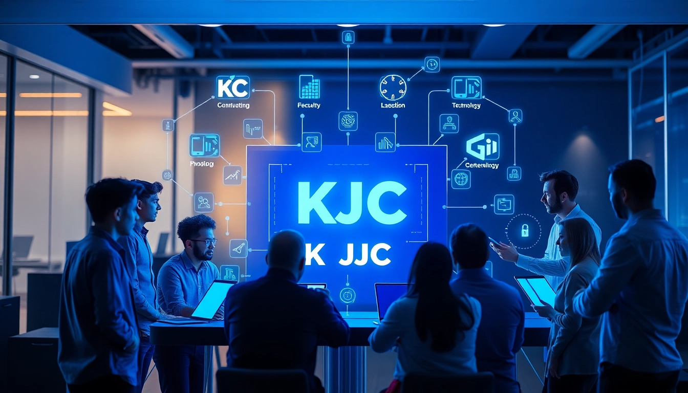 KJC logo displayed on a digital screen, representing innovation and connectivity in digital entertainment and technology, designed for accessibility and clarity.