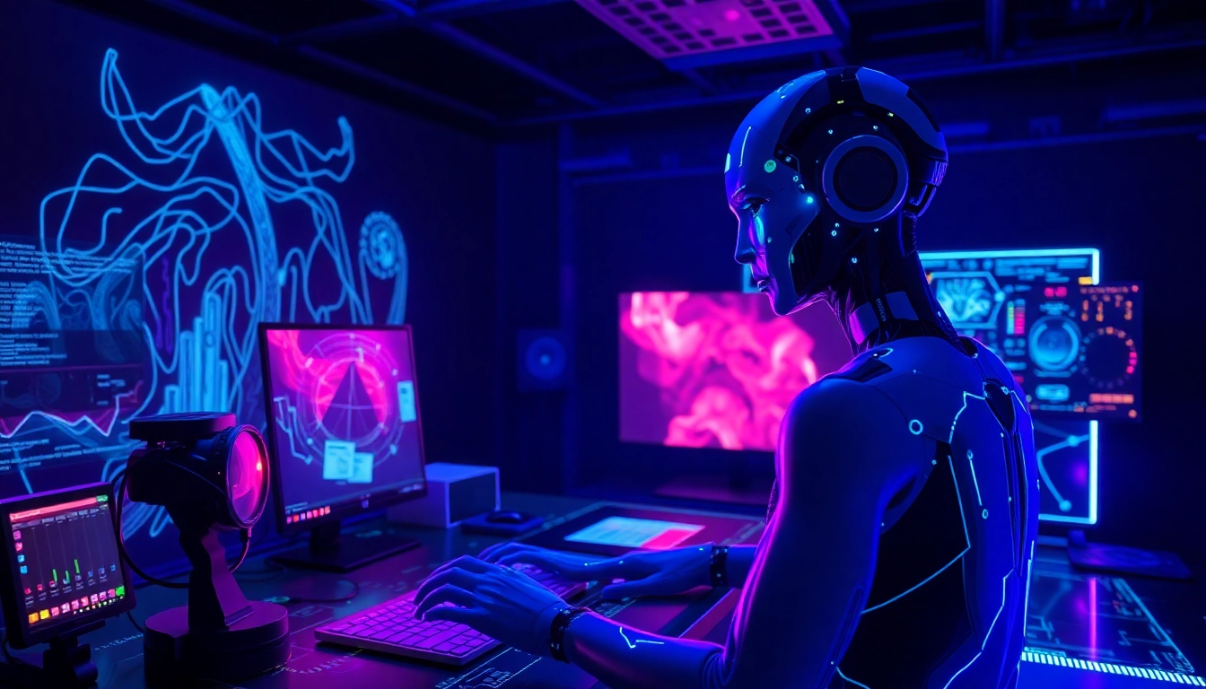 Hyperreal NSFW AI Generator interface with an AI avatar crafting cinematic visuals in neon studio