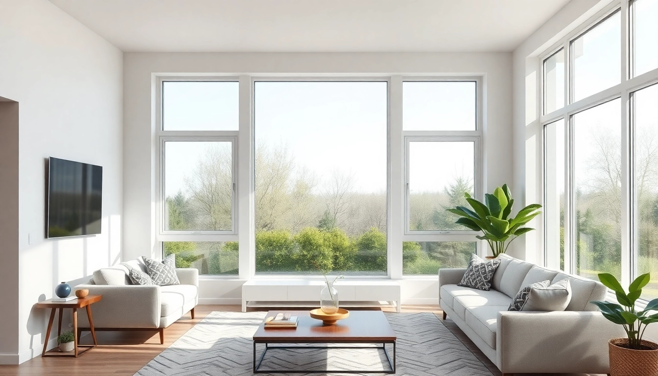 Replacement Windows Near Me: Upgrading energy-efficient frames in a bright living room.