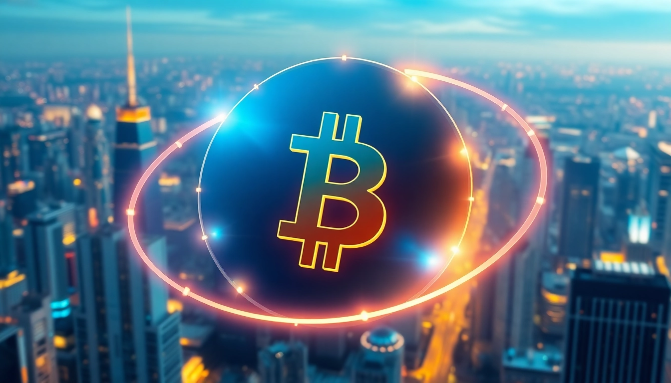 Cryptocurrency Bitcoin symbol glowing over blockchain network with financial and technological