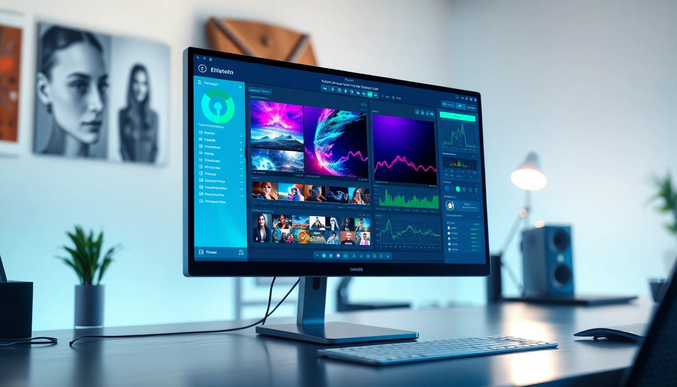 Futuristic AI image editing interface on a computer screen with vibrant colors and complex workflows