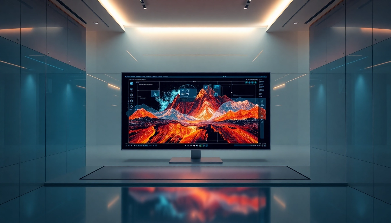 Futuristic AI workspace with a high-tech editing interface in a modern room