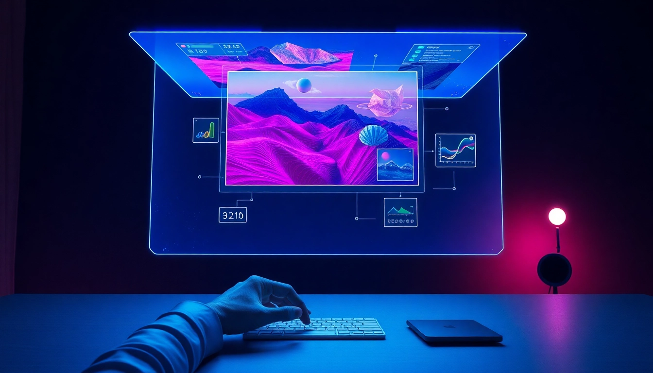 Futuristic AI interface with holographic image editing in a modern workspace