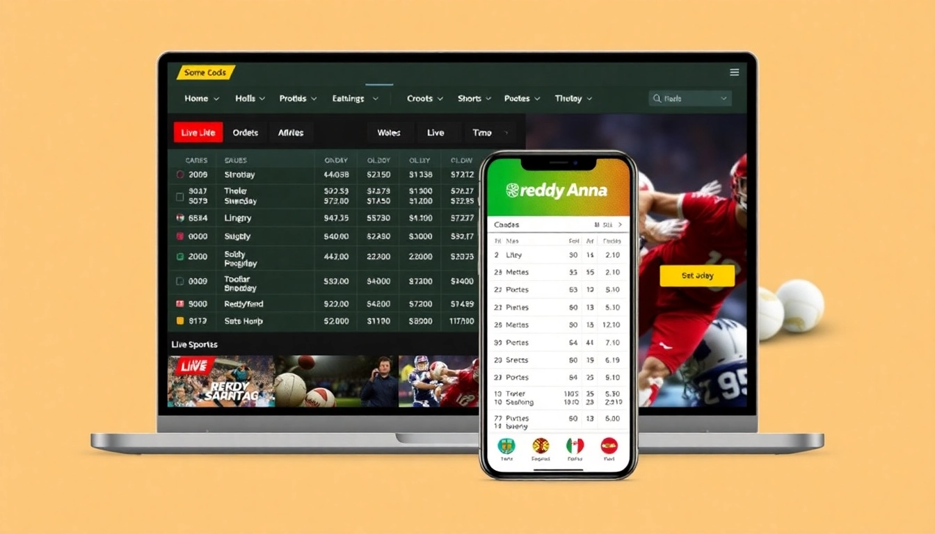 Reddy Anna sportsbook app featuring live betting options, user-friendly interface, and vibrant sports icons behind the player’s hand, emphasizing ease and excitement.