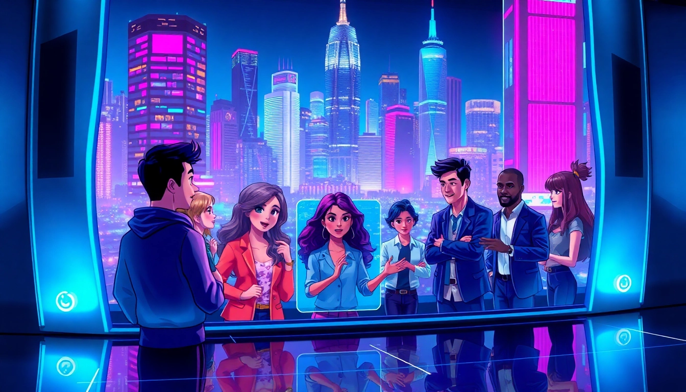 Futuristic digital chat environment with diverse characters engaging in conversation