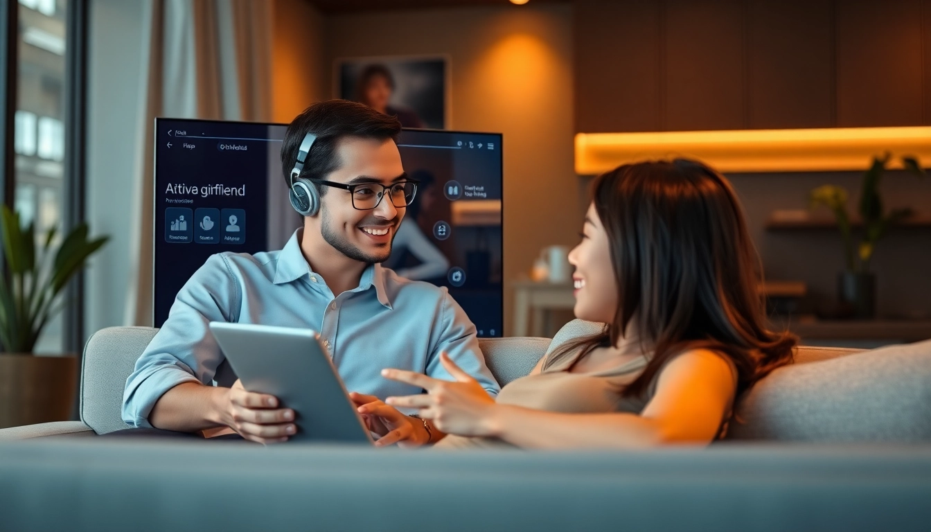 AI girlfriend engaging in a warm, interactive chat on a sleek digital device for a realistic virtual companionship experience.