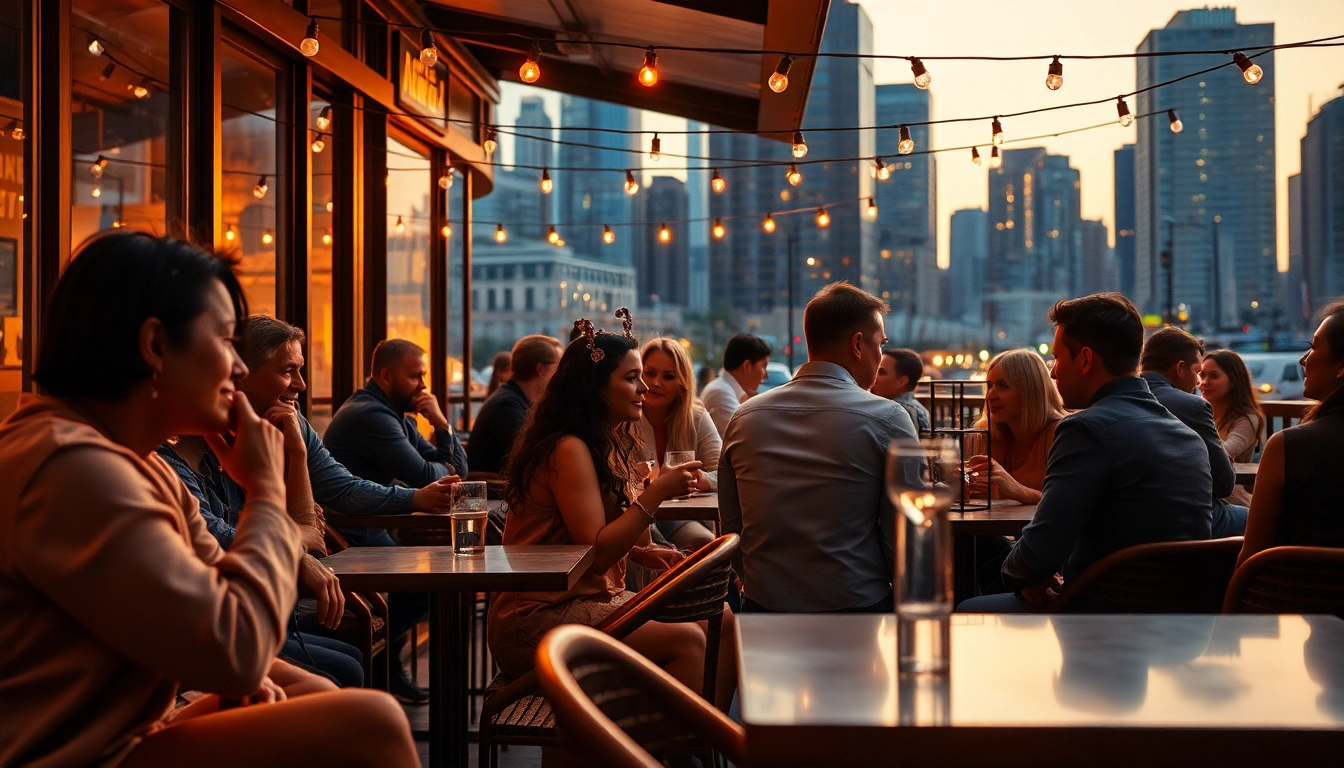 People socializing at a modern outdoor café during sunset, city skyline in the background.