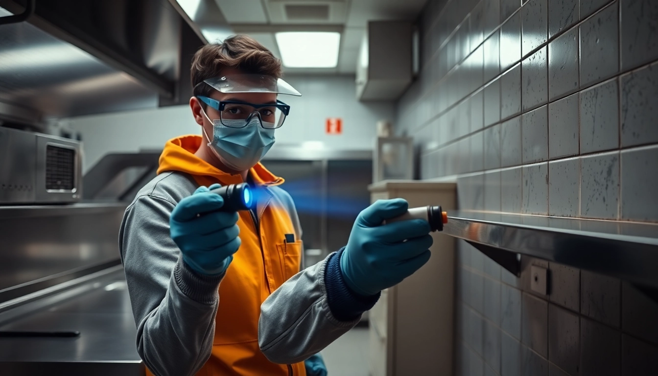 Pest control technician inspecting a commercial kitchen for mice activity with UV light.