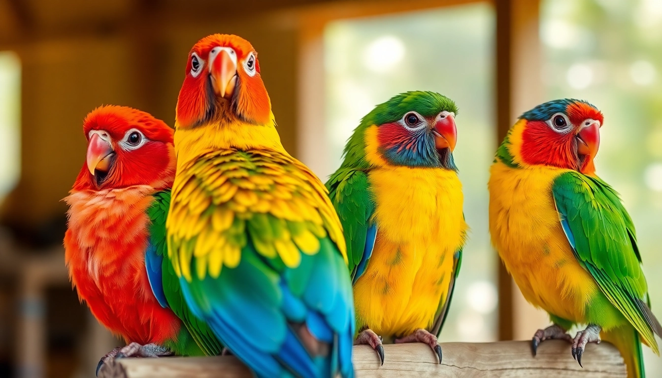 Close-up of pet birds perched on a branch showcasing their colorful feathers and engaging