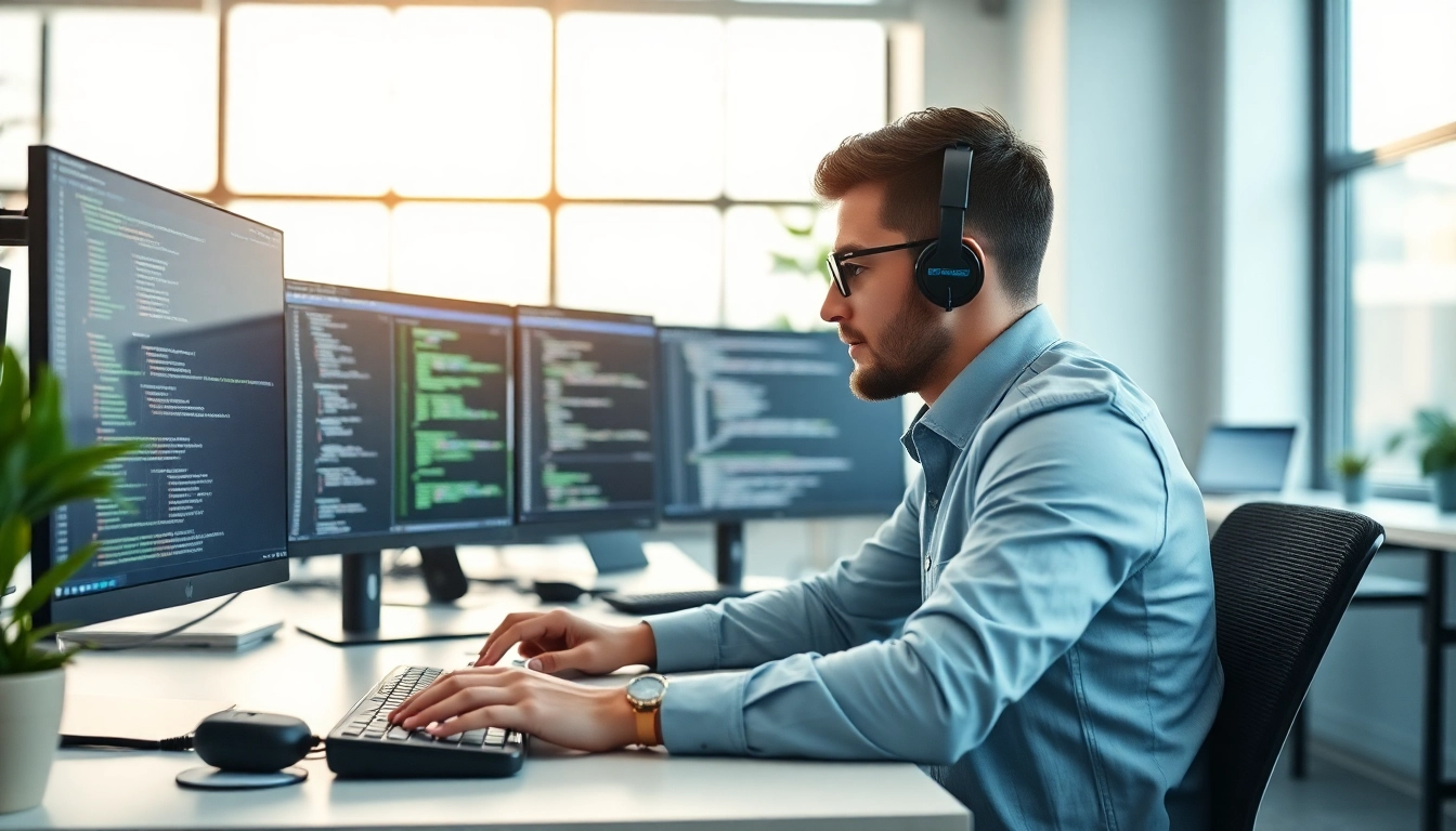 React developer coding in a modern workspace to showcase freelance tech opportunities