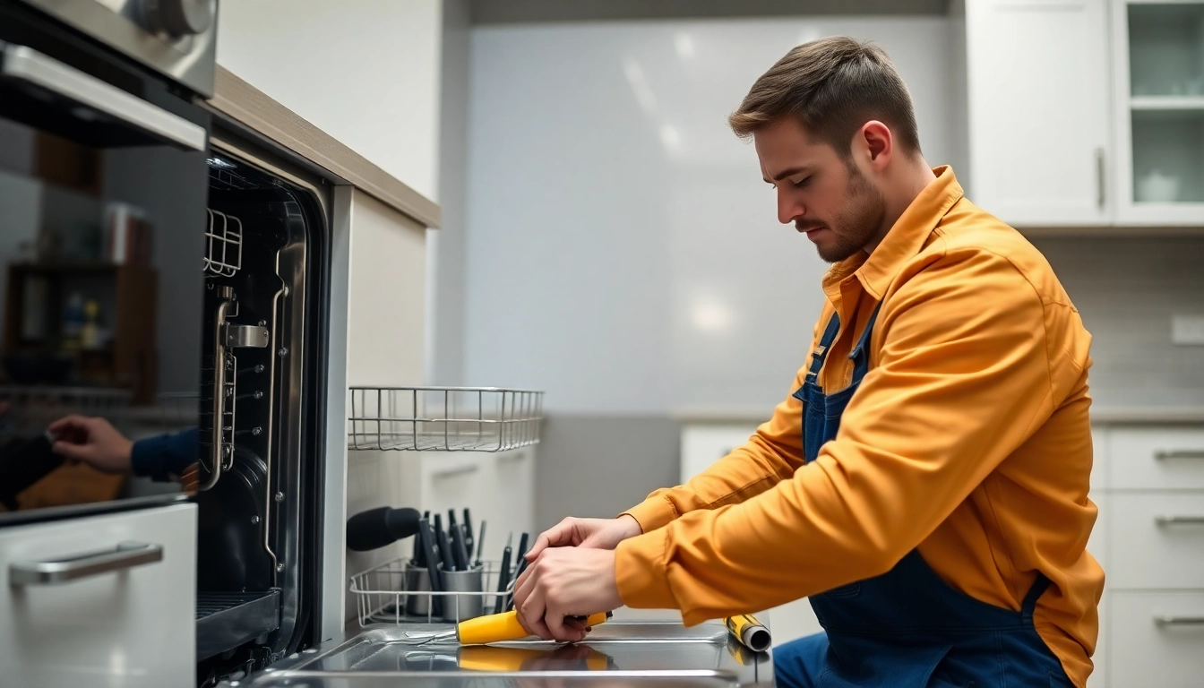 Expert dishwasher repair Toronto technician fixing a dishwasher in a clean kitchen setting,