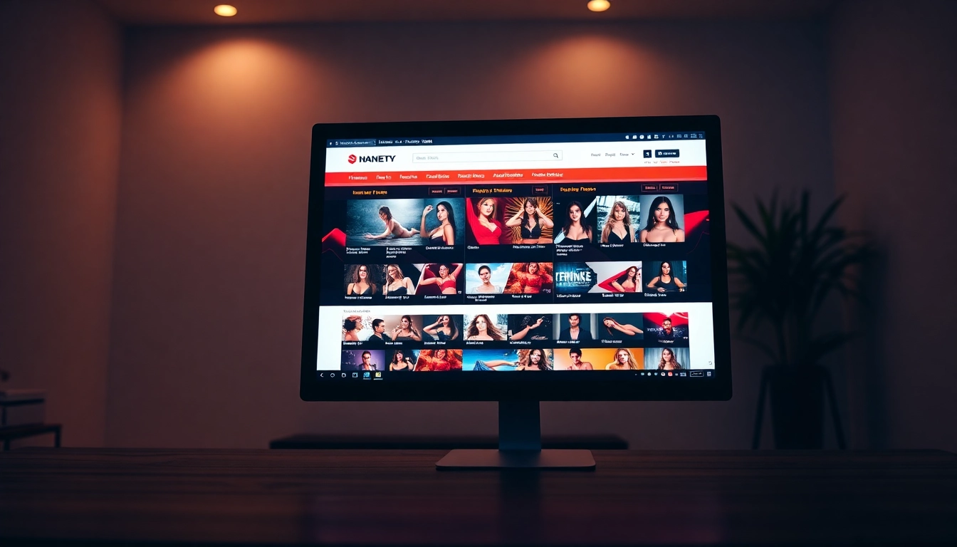 A computer screen displaying an adult website homepage with colorful video thumbnails in a dimly lit room.