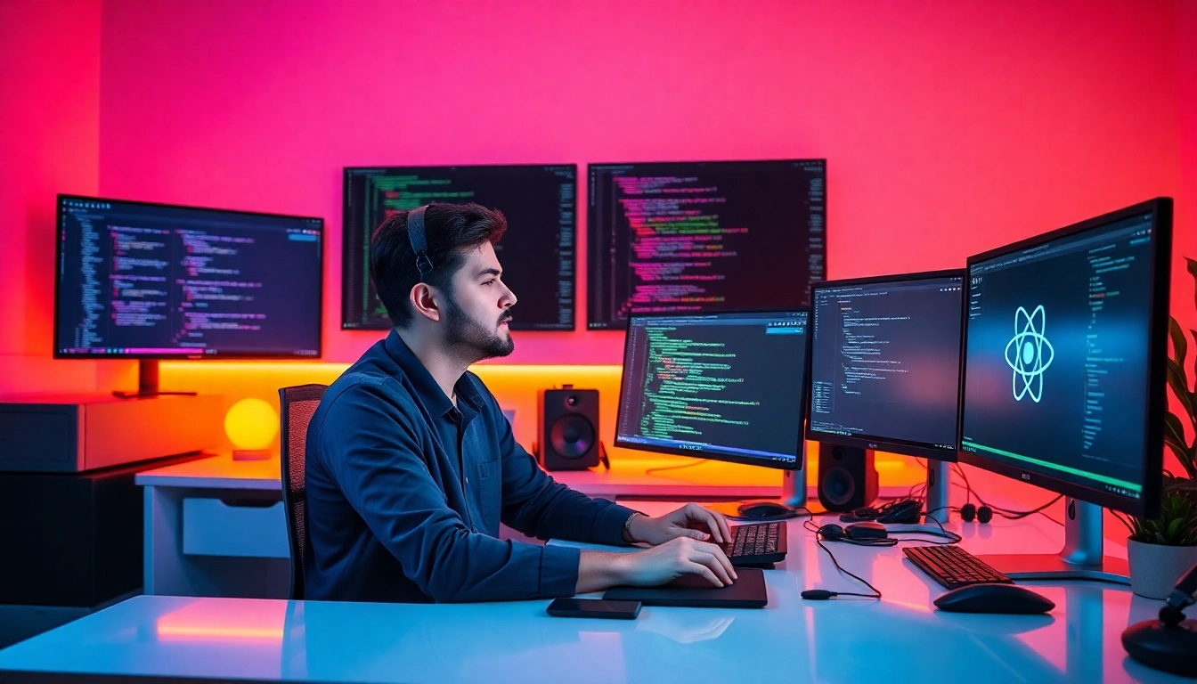 React developer working on modern web app with clean workspace and vibrant lighting