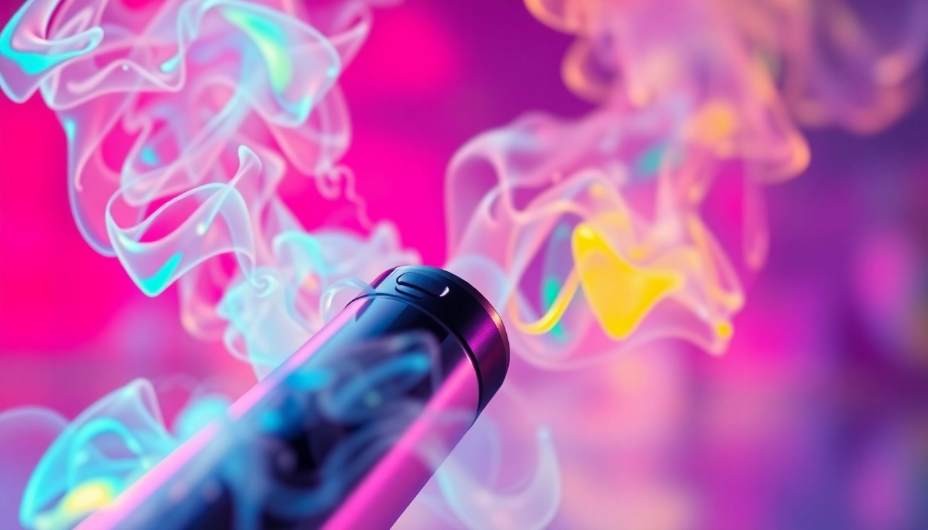 E-cigarette device producing colorful vapor clouds, highlighting modern design and